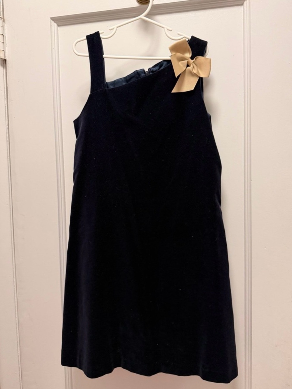 Luli & Me Navy Blue Velvet Sleeveless Dress with Gold Bow